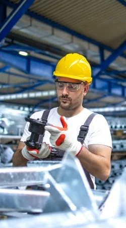 Pracownik w hali produkcyjnej podczas montażu